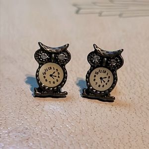 Owl with Clock Earrings. Vintage
